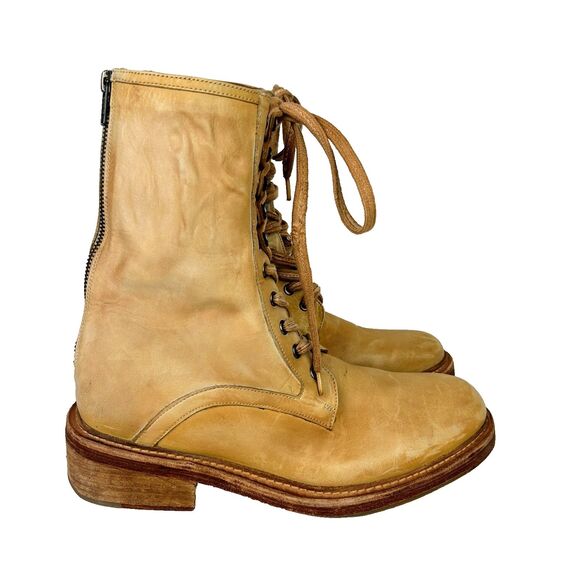 Free People Santa Fe Lace Up Combat Boots Tan Distressed Leather Mid Calf sz 41 - Picture 1 of 13
